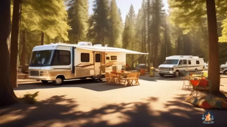 Serene daylight scene at an RV campground with sunlight filtering through trees, casting dappled shadows on campsites and illuminating colorful RV awnings.