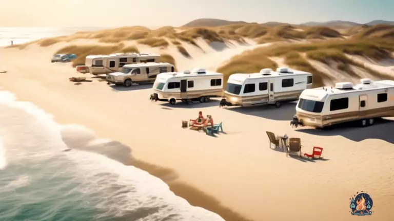 RV campground with direct beach access, set against breathtaking dunes, bathed in glorious natural light, overlooking glistening ocean waves and sandy shores for ultimate beach adventures.
