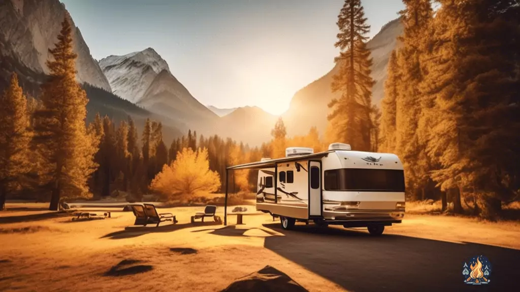 Experience the tranquility of waking up in an RV campground with breathtaking mountain views, as the sun casts a warm, golden glow over the serene landscape.