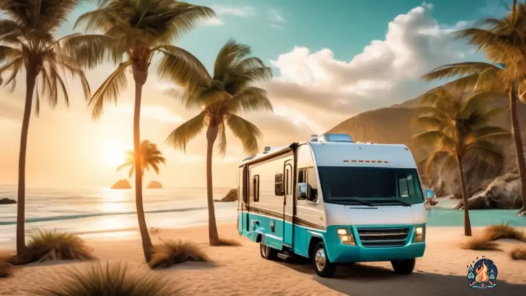 Experience the ultimate coastal adventure: RV camping amidst picturesque palm trees and crystal clear turquoise waters, bathed in the glorious sunlight, inviting travelers to indulge in unforgettable camping experiences.