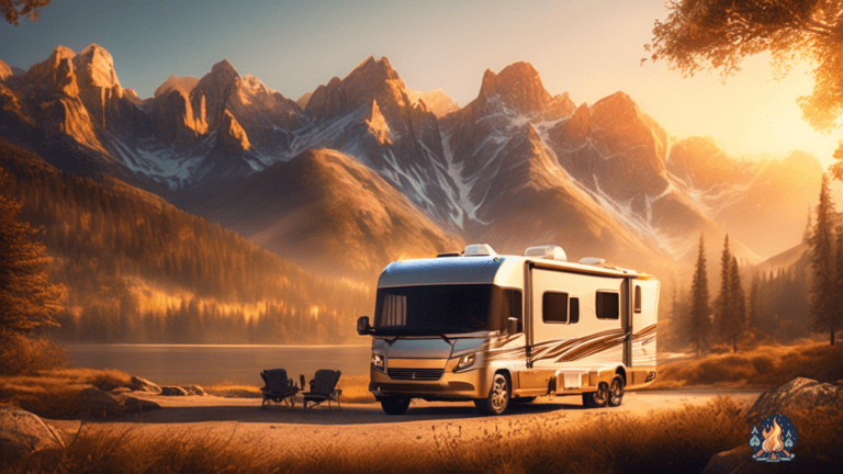 Experience the Tranquility of RV Camping in the Majestic Mountains - A Cozy RV Resting in the Golden Glow of Dawn