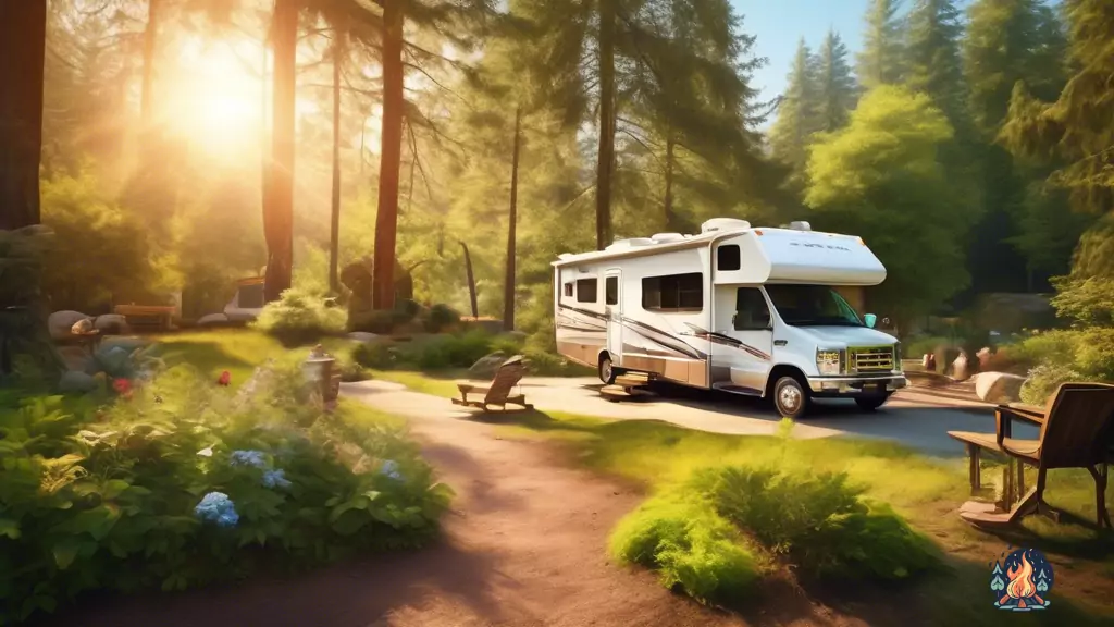 Experience ultimate relaxation and tranquility at an RV campground surrounded by lush greenery, with a picturesque natural hot spring in the background, illuminated by warm, vibrant sunlight.