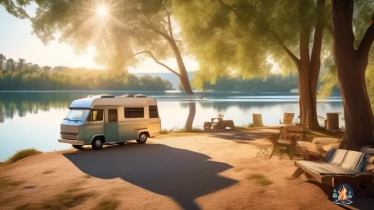 Experience Tranquility: RV Camping Near Lakes - Picture of a peaceful RV campsite nestled by a shimmering lake, surrounded by lush greenery and bathed in the warm glow of sunlight.