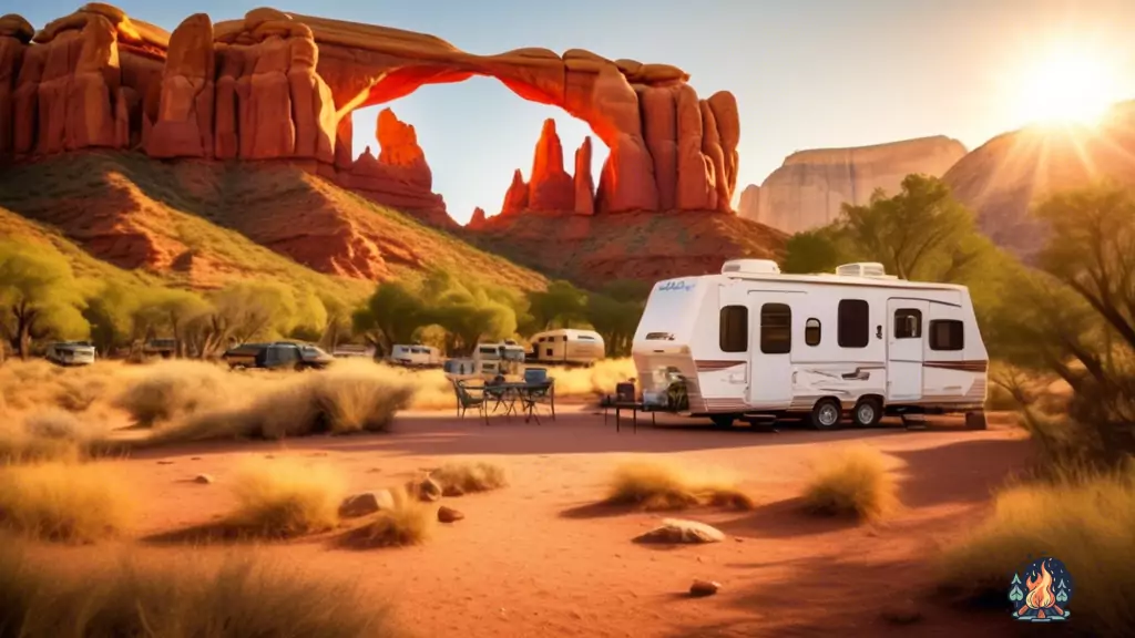 RV campers enjoying a serene moment amidst towering red rock formations at a National Monument campground, surrounded by lush greenery and bathed in golden sunlight.