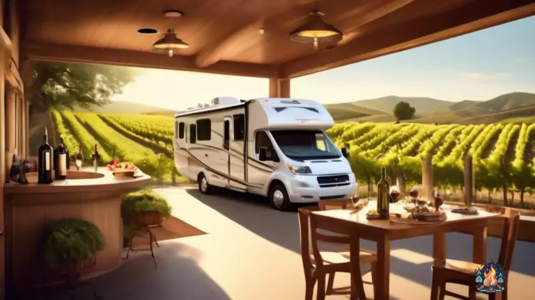 RV parked amidst lush vineyards, with winery tasting room and rolling hills in the backdrop, creating a picturesque scene for wine lovers' paradise.