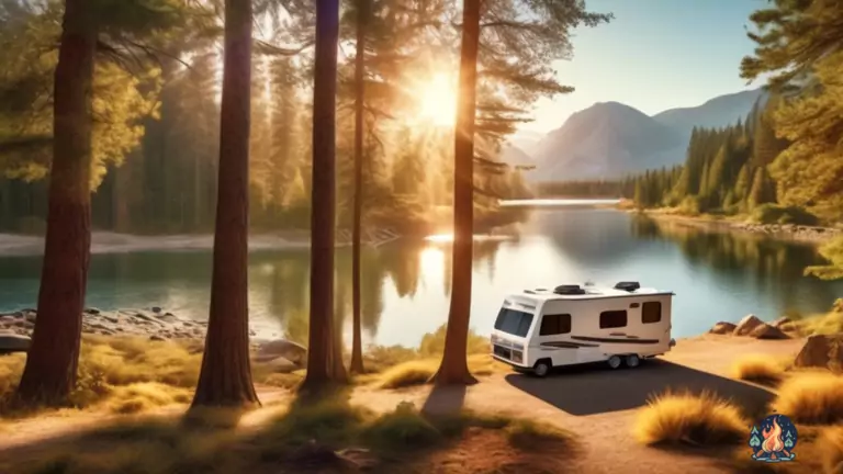 RV campsite selection: Discover the ideal camping getaway amidst stunning pine trees and a sparkling river, with sun-drenched clearing and parked RVs, perfect for beginners.