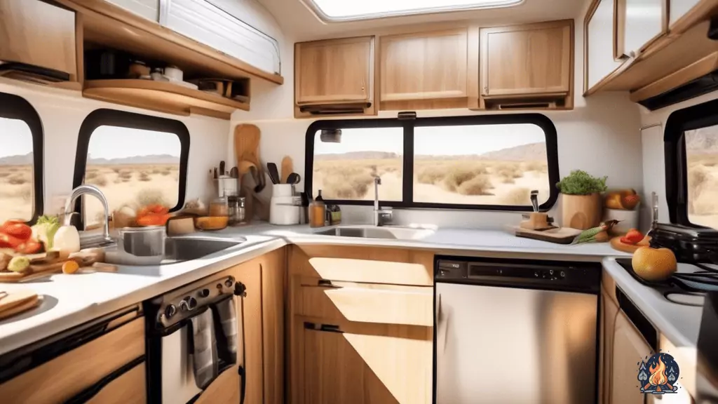Discover genius RV cooking hacks to simplify your life on the road. Bright, well-lit RV kitchen flooded with natural sunlight showcases innovative utensils, fresh ingredients, and mouthwatering dishes.