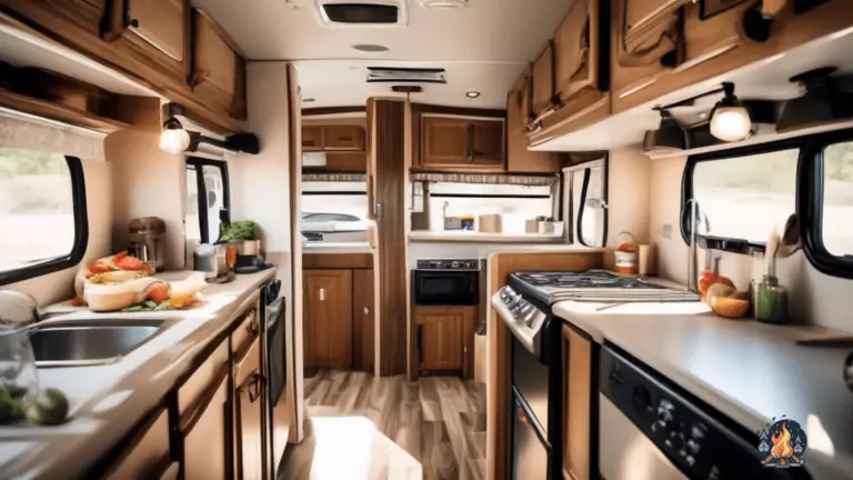 RV kitchen flooded with natural light, showcasing a safe cooking area with fire extinguisher, smoke detector, and proper ventilation.