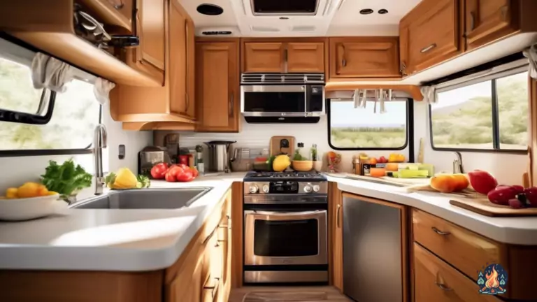 RV kitchen flooded with natural light, showcasing fresh ingredients, utensils, and appliances for quick and easy cooking.
