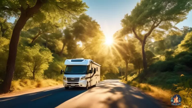 Alt Text: Novice RV driver skillfully maneuvering a winding road, basking in the warm sunlight amidst stunning green landscapes and a clear blue sky, igniting a spirit of adventure and liberation.