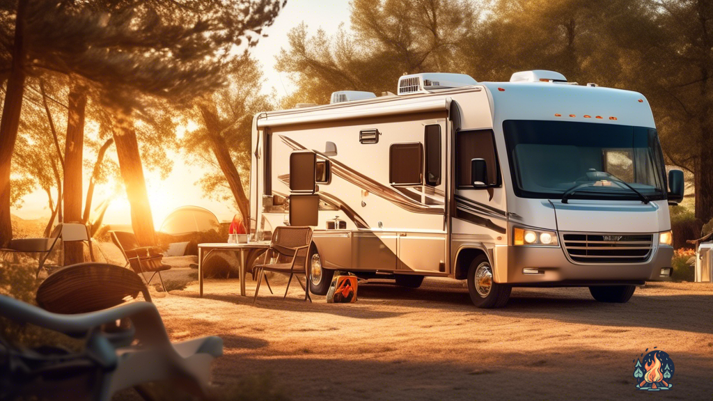 RV technician inspecting, cleaning, and securing electrical system connections for safe and efficient power supply during golden hour at a picturesque campsite.