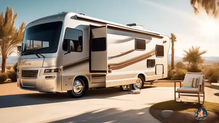 RV Exterior Cleaning Tips: A stunning image of a gleaming RV exterior bathed in bright natural light, showcasing sparkling windows and a perfectly organized cleaning kit nearby.