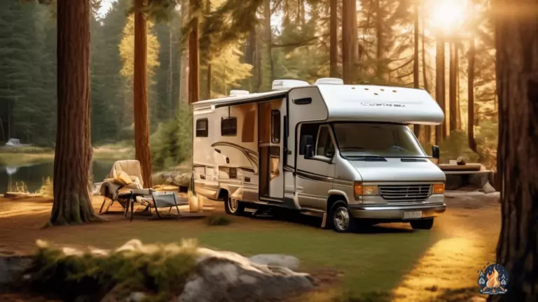 Spacious RV parked on a picturesque campsite, with sunlight streaming through tall trees, illuminating its open windows and highlighting the securely nestled RV generator.