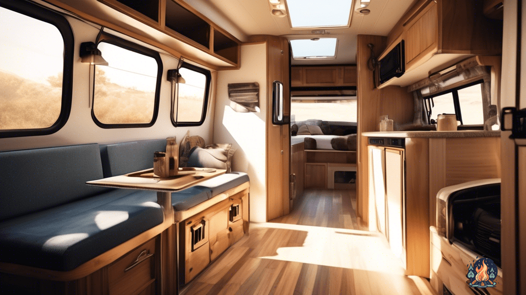 Troubleshooting common issues with RV generators - A well-lit interior of an RV with sunlight casting shadows on the generator compartment. An open toolbox with various tools nearby for troubleshooting.