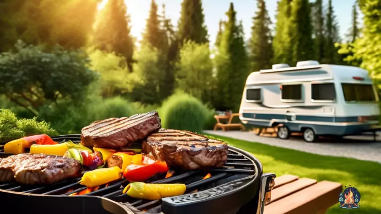 Scrumptious RV grilling recipes featuring juicy steaks, grilled vegetables, and flavorful kebabs, cooked to perfection on a sizzling grill amidst lush greenery and golden sunlight.