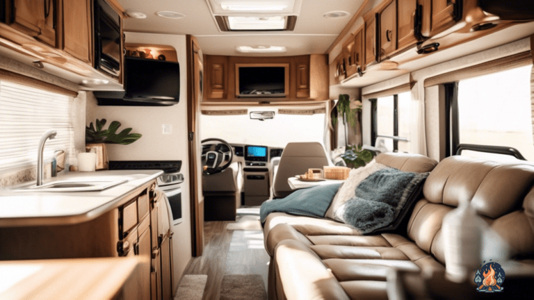 Alt text: A person inspecting and cleaning air vents, checking thermostat settings, and ensuring proper functioning of the RV heating system in a well-lit interior with sunlight streaming through the windows.