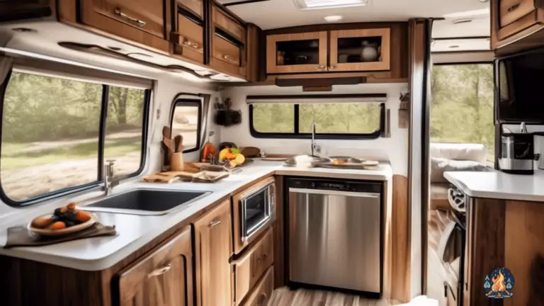 RV kitchen flooded with bright natural light showcasing sleek stovetop, compact fridge, efficient storage solutions, and a well-equipped countertop - inspiring joyful cooking adventures on the road.