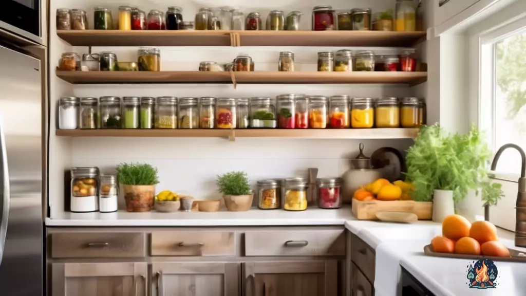 Efficiently organized RV kitchen with bright natural light, showcasing labeled jars in a well-organized pantry, neatly stacked cookware, and a countertop adorned with fresh herbs and colorful fruits.