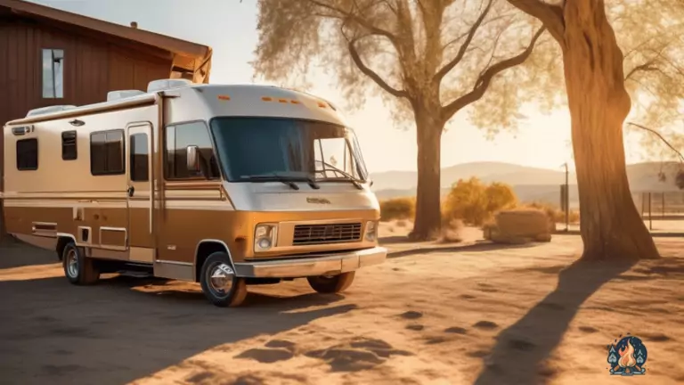 RV parked on level ground with tires aligned on leveling blocks for stability, basking in golden sunlight