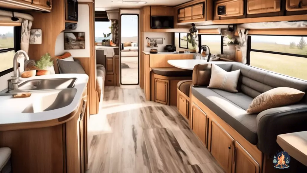Cozy interior of an RV flooded with invigorating natural light, showcasing essential gear like a compact kitchen, comfortable seating, and clever storage solutions for optimal RV living.