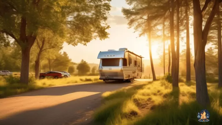 Experience the freedom of RV living amidst a sun-kissed campground, with golden rays illuminating the open road, lush greenery, and a cozy mobile home embraced by serene nature.