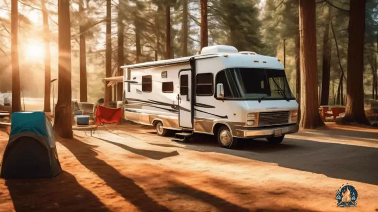 Essential RV Maintenance Tips: Well-maintained RV parked in a scenic campground, with sunlight casting warm colors. Meticulous maintenance details showcased: tire pressure checks, battery inspections, and exterior washes.