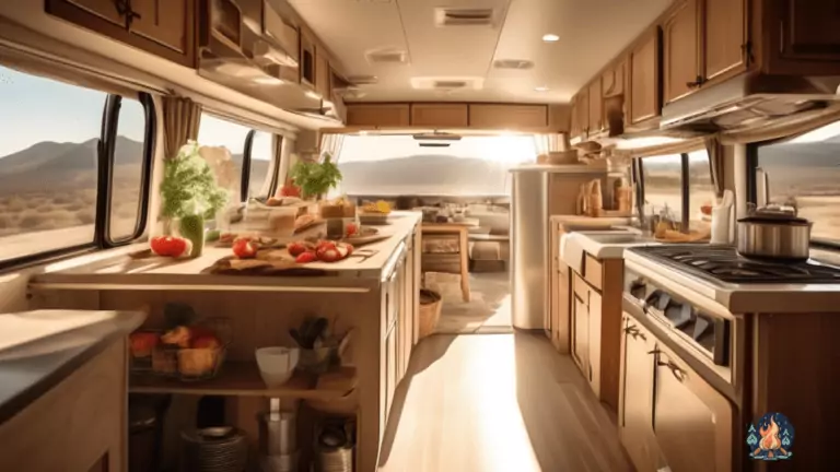 Effortless RV Meal Planning: A brightly lit open kitchen in an RV, showcasing a well-organized pantry, fresh ingredients, and a skilled chef preparing a delightful meal.