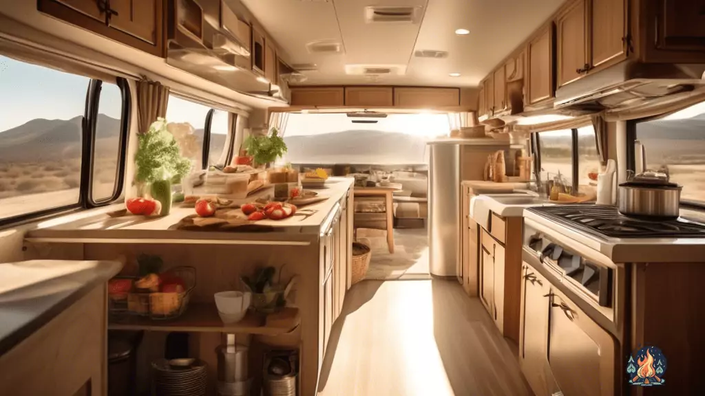 Effortless RV Meal Planning: A brightly lit open kitchen in an RV, showcasing a well-organized pantry, fresh ingredients, and a skilled chef preparing a delightful meal.