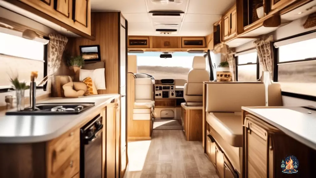 Smart RV organization ideas for beginners: A beautifully lit RV interior with well-organized storage compartments, neatly stacked containers, and cleverly utilized wall space, inspiring simplicity and efficiency.