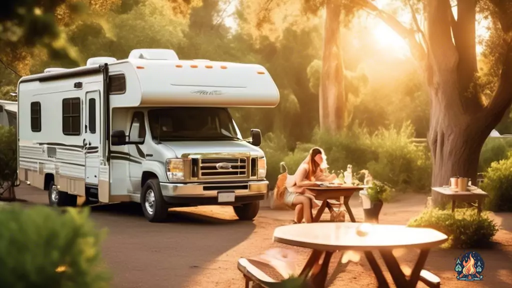 First-time RVer happily making RV park reservations amidst lush greenery and golden hour sunlight
