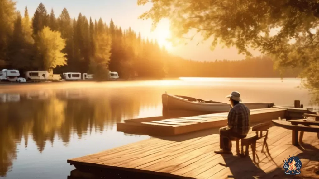 Experience tranquility at RV parks with excellent fishing opportunities, as depicted in this serene photograph. The bright natural light highlights a picturesque scene with a sparkling lake, a charming wooden dock, and a passionate angler casting their line under the warm, golden sun rays.
