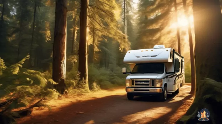 RV parked amidst towering trees, basking in golden sunlight, with a nearby trailhead inviting outdoor enthusiasts to explore the scenic hiking trails.