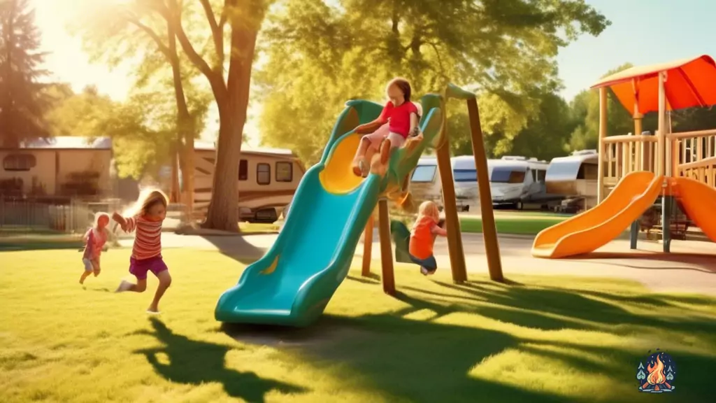 Children happily playing on the vibrant playground at an RV park, enjoying the sunny day