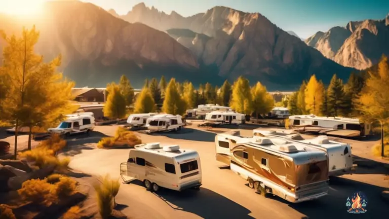 Experience the awe-inspiring beauty of an RV park surrounded by majestic mountains, illuminated by golden sunlight.