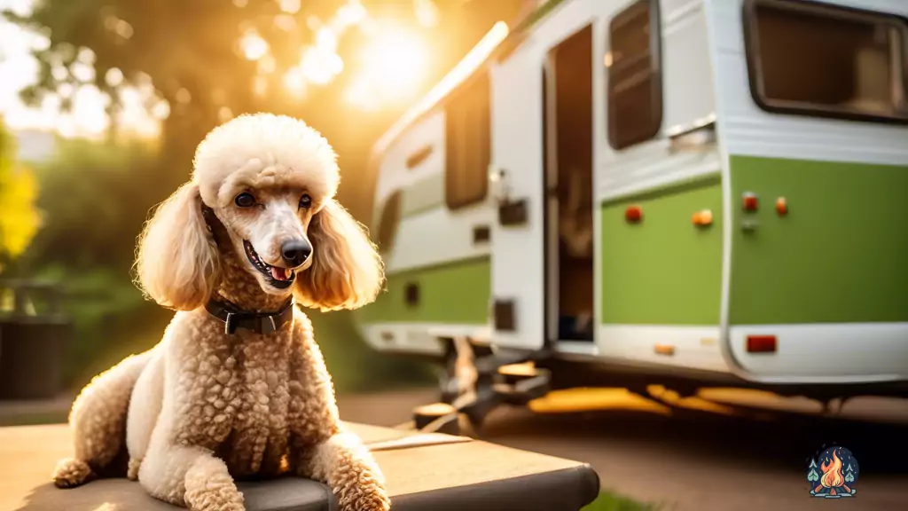 Adorable poodle enjoying the cozy atmosphere inside an RV, surrounded by lush greenery and bathed in warm golden sunlight, perfect for pet-friendly travel.