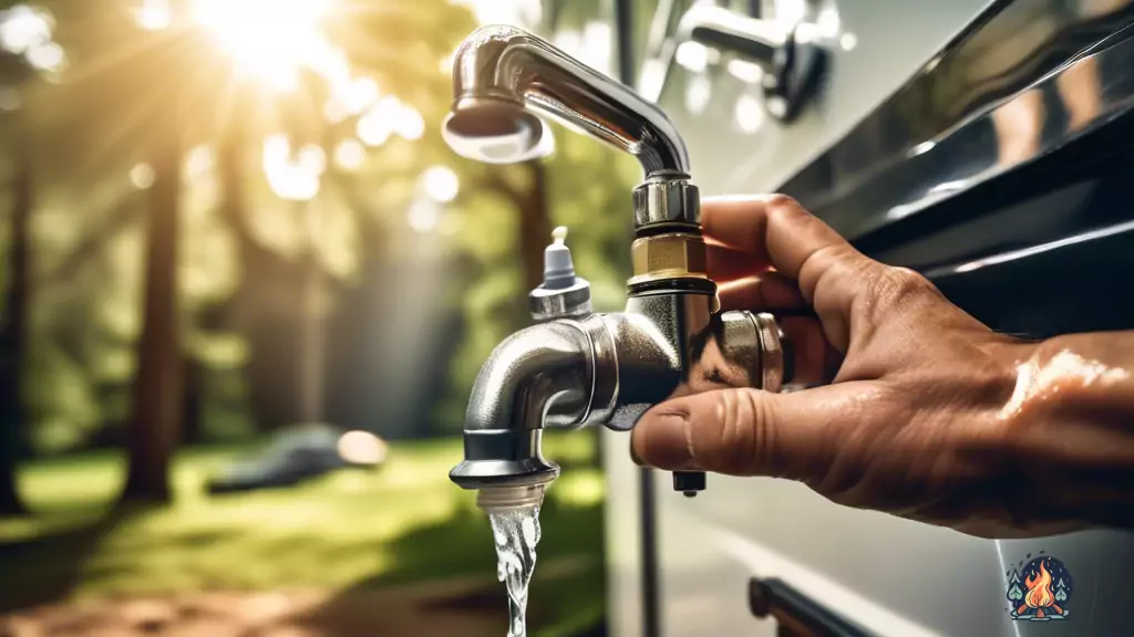 Close-up photo of a hand adjusting the water pressure regulator on an RV's outdoor faucet, highlighting the significance of maintaining optimal water flow for efficient RV plumbing.