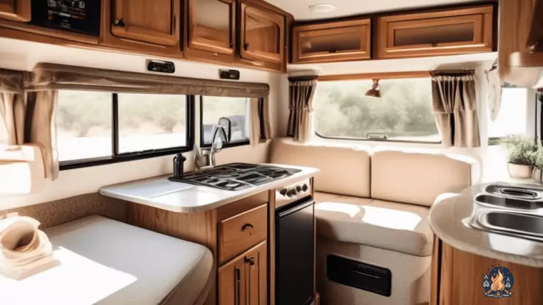 RV interior with abundant natural light showcasing safely secured propane tank in designated compartment, with visible safety labels, gauges, and proper ventilation system.