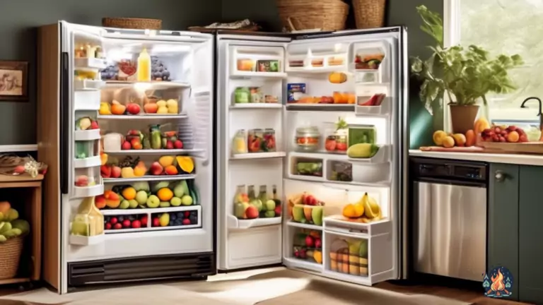 Efficiently organized RV refrigerator flooded with natural light, showcasing luscious fruits, neatly stacked containers, and labeled shelves for efficient cooking.