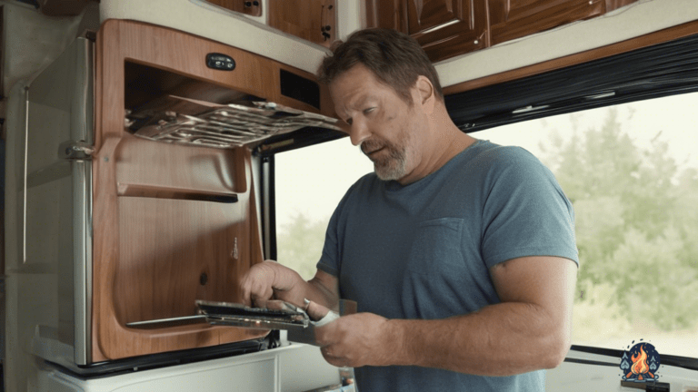 Step-by-step RV refrigerator repair guide with bright natural light showcasing hands-on approach and tools.