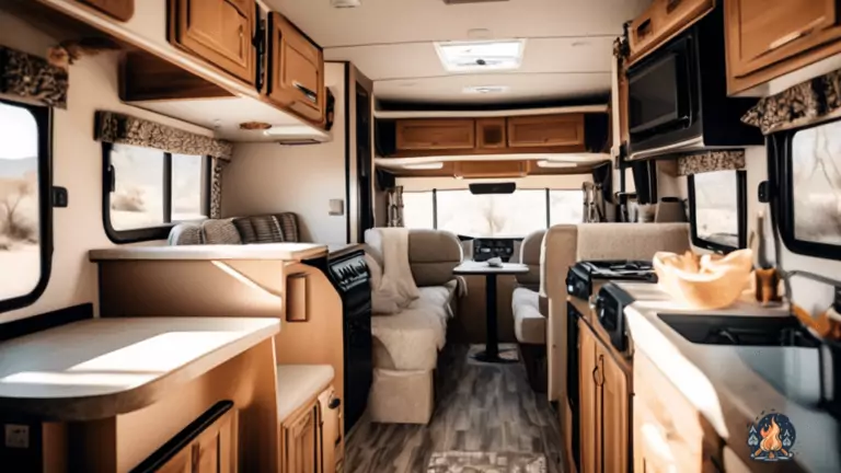 Beginner-friendly RV rental setup surrounded by a sunny campground, showcasing a well-equipped kitchen, cozy sleeping arrangements, and an inviting outdoor seating area.