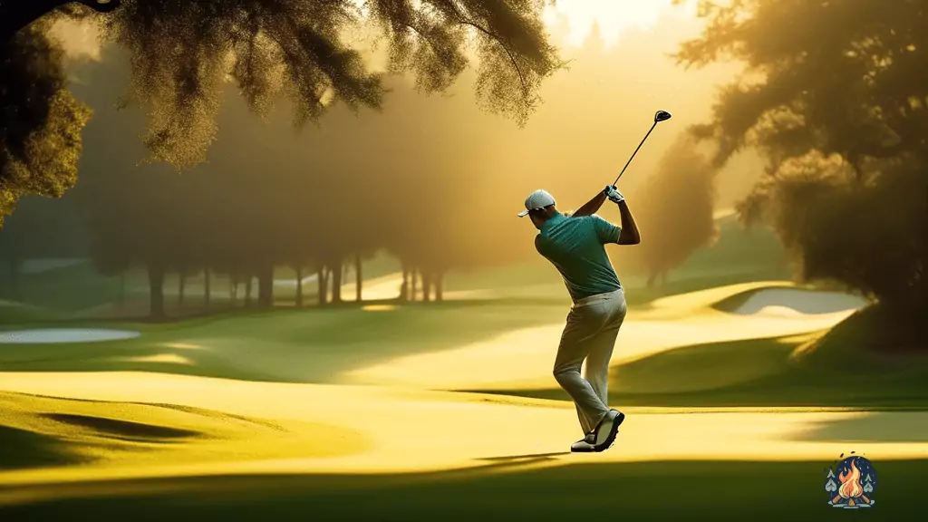 Alt Text: Golfer teeing off against lush green fairways at an RV resort with a spectacular golf course, bathed in the warm morning sun, creating an exciting and anticipatory atmosphere.