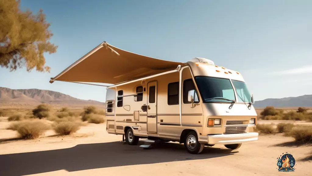 Alt Text: Well-maintained RV roof with fresh sealant, vents, antennas, and solar panels shining under golden sunlight