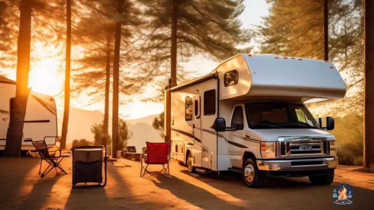 RV safety checklist: A stunning campsite photo featuring an RV bathed in golden sunlight, highlighting essential safety equipment like reflective warning signs, fire extinguisher, and first aid kit.