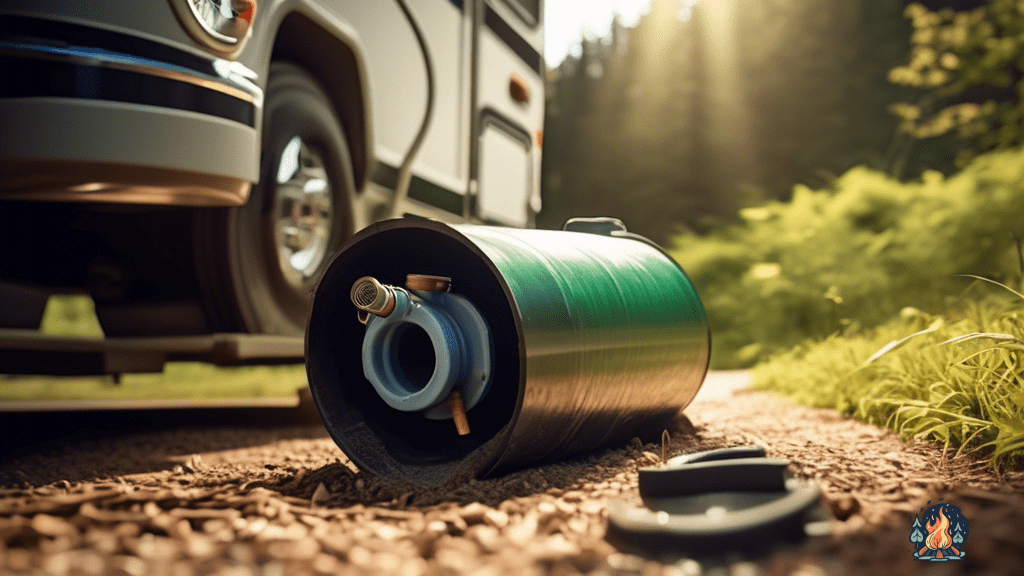 Close-up of a well-lit RV sewer system setup in the great outdoors, with sunlight illuminating the sewer hose connected to the RV waste valve.