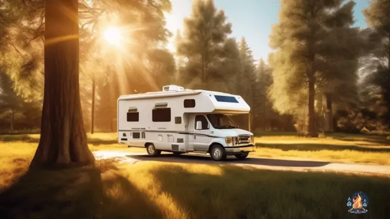 Cozy RV parked in a sun-drenched clearing, with solar panels harnessing vibrant rays of the midday sun, creating a warm and peaceful ambiance.