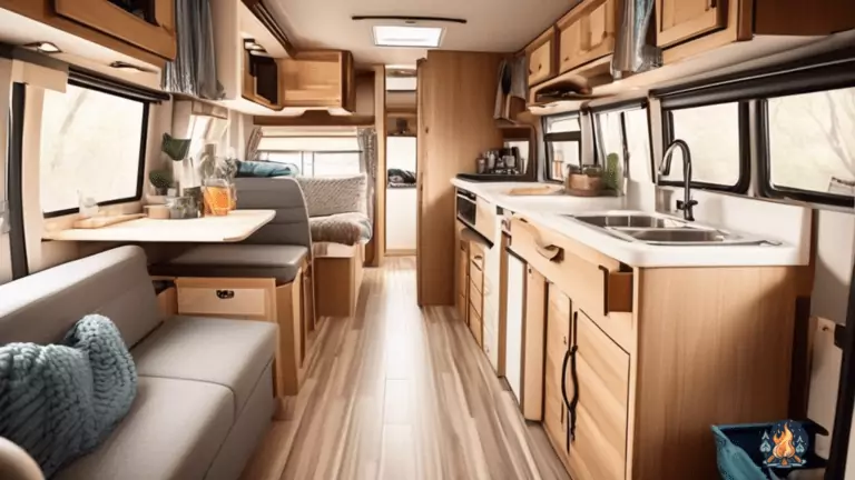 Efficient and Organized RV Storage Solutions: Discover the Convenience of Collapsible Bins, Hanging Organizers, and Space-Saving Shelves in this Brightly Lit RV Interior