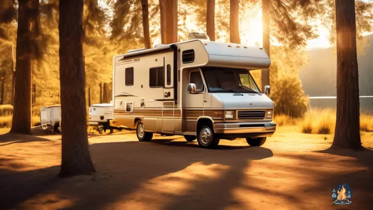 RV parked in a sun-drenched campground with perfectly maintained tires, emphasizing the significance of proper RV tire care.