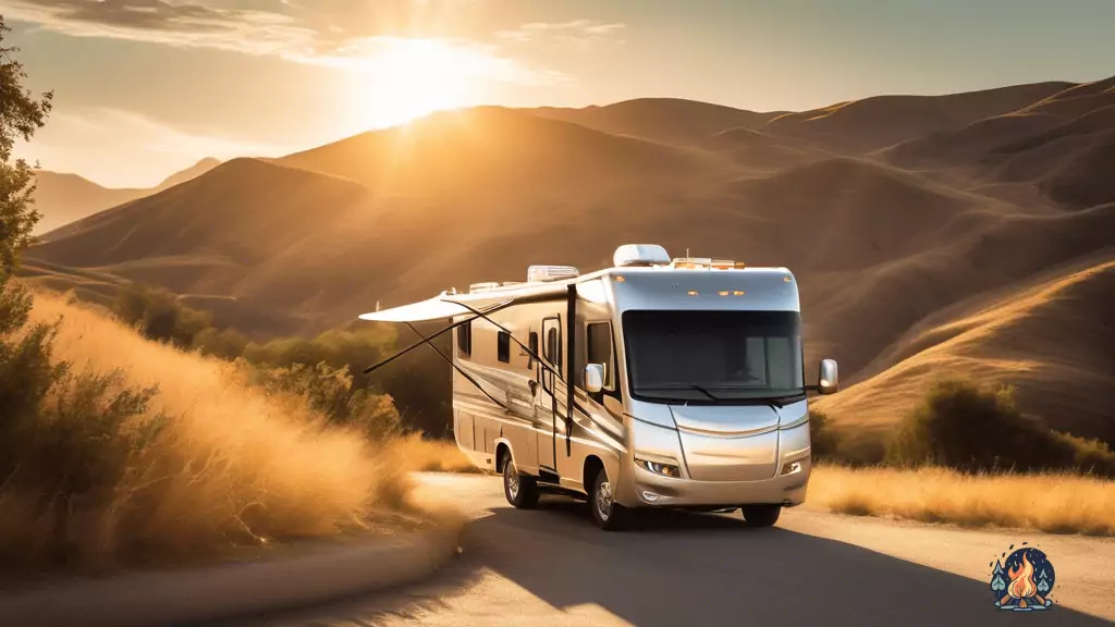 Impeccably maintained RV parked amidst picturesque rolling hills, illuminated by warm sunlight - Expert RV travel tips for a smooth journey