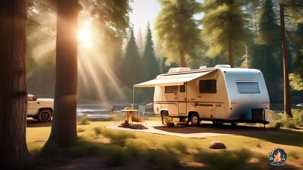 Serene campsite surrounded by towering trees, bathed in warm sunlight, with a well-equipped RV parked nearby, inviting novice travelers to embark on their unforgettable first RV trip.