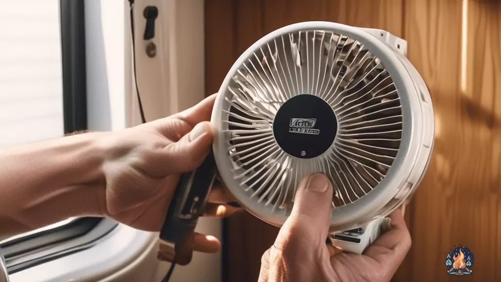 Expertly disassembling an RV vent fan under natural sunlight, revealing intricate mechanisms and tools in the background.